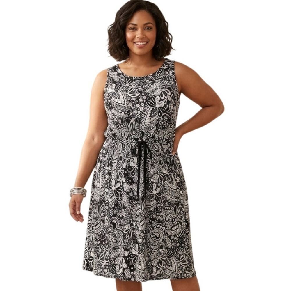 T Talbots Paisley Midi Dress Womens Size 2X Black White Tie Waist Sleeveless